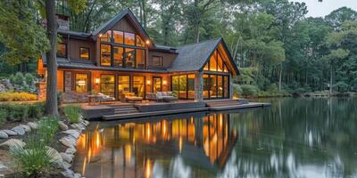 House overlooking lake by forest photo