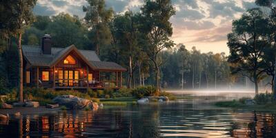 Cabin by a lake painting photo