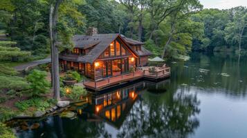 House perched on lake by forest photo