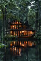 House on lake surrounded by trees photo