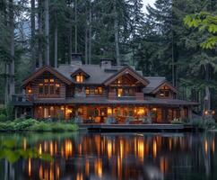 Grand house overlooking lake and forest photo
