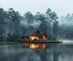 House on a lake surrounded by trees photo