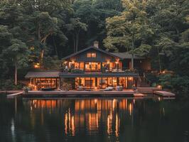 Stately house perched on lake photo