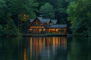 House overlooking lake surrounded by trees photo