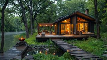 Small cabin with deck and fire pit by the lake photo