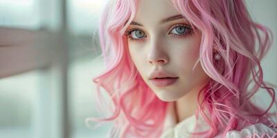 Close up portrait of a person with pink hair photo