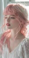 Close up portrait of person with pink hair photo