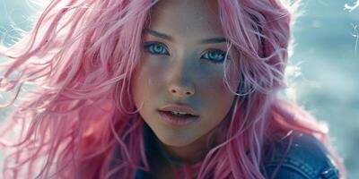 Close up portrait of a person with pink hair photo