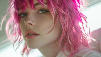 Close up of a person with pink hair photo