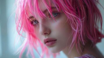 Close up of a person with pink hair photo