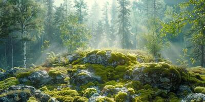Lush forest with moss-covered rocks photo