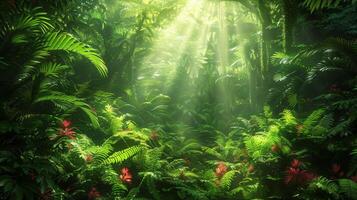 Verdant forest teeming with lush vegetation photo