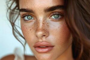 Close-up portrait of a woman with freckles photo