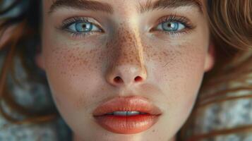 Close up of woman with freckles on face photo