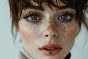 Close up of a woman with freckles on her face photo