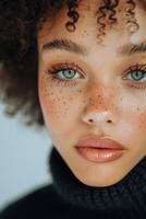 Close up of woman with freckles on her face photo