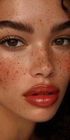 Close-up portrait of a woman with freckles on her face photo
