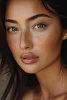 Close up of a woman with freckles on her face photo