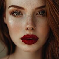 Close up portrait of woman with freckles on face photo