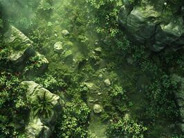 Aerial view of jungle with rocks and plants photo