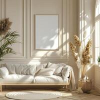 moderno vivo habitación con blanco sofá y en conserva plantas foto