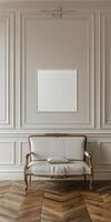 A minimalist room with a couch and picture frame photo