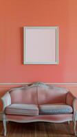 Pink couch in front of pink wall photo