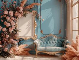 Blue couch in front of blue wall photo