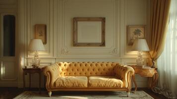 Modern living room with couch, table, and lamps photo