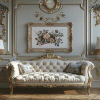 White couch beside clock in living room photo