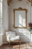 A white chair beside window in room photo