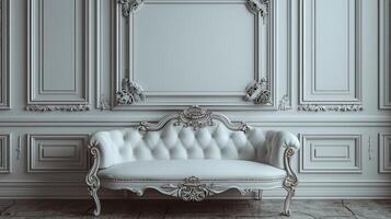 White couch in front of white wall photo
