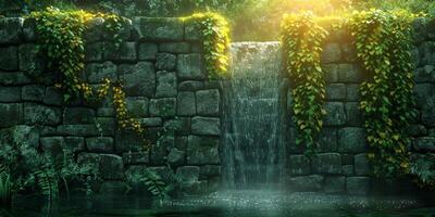A waterfall flowing through lush green forest photo