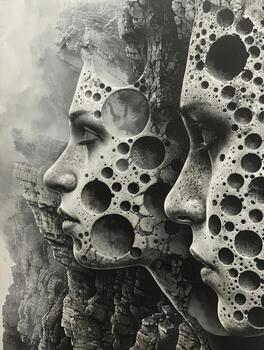 Drawing of two faces with holes photo