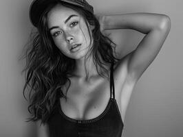 Woman wearing a hat in black and white photo