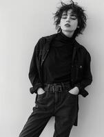 Woman leaning against wall with hands in pockets photo