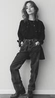 Woman leaning against wall with hands in pockets photo