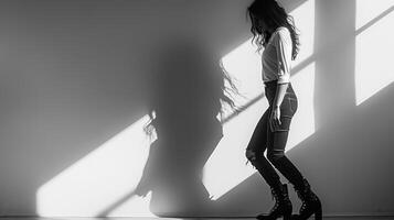 Woman standing by window in room photo