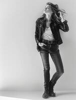 Woman in leather jacket posing for picture photo