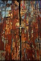 Peeling paint on close-up of wooden door photo
