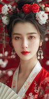 Woman in red kimono with flowers on her head photo