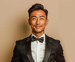 Man in tuxedo poses for picture photo