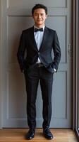 Man in tuxedo standing in front of door photo