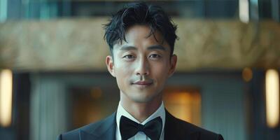 Elegant man in tuxedo and bow tie photo