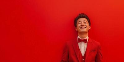 Stylish man in red suit and bow tie photo