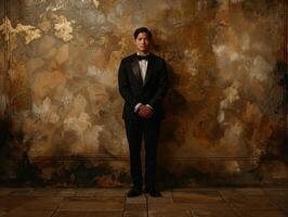 Man in tuxedo standing in front of wall photo