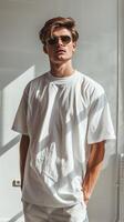 Man in white shirt and white shorts photo