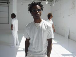 Man with dreadlocks standing in white room photo