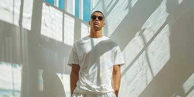 Man in white t-shirt and white shorts photo