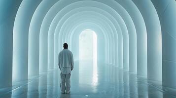 Man standing in tunnel of white columns photo
